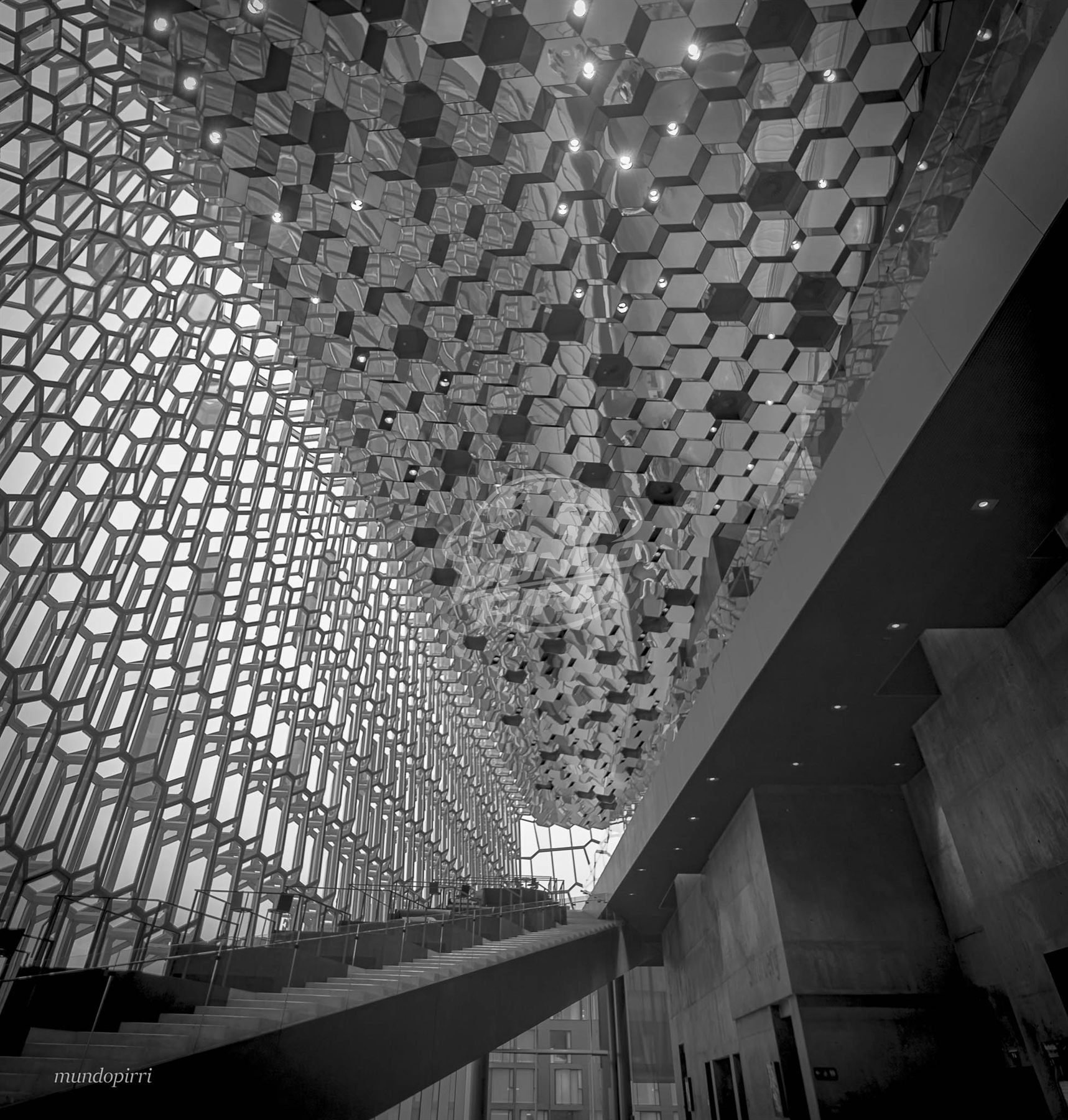 Interior del Harpa Concert Hall, Reikiavik, blanco y negro