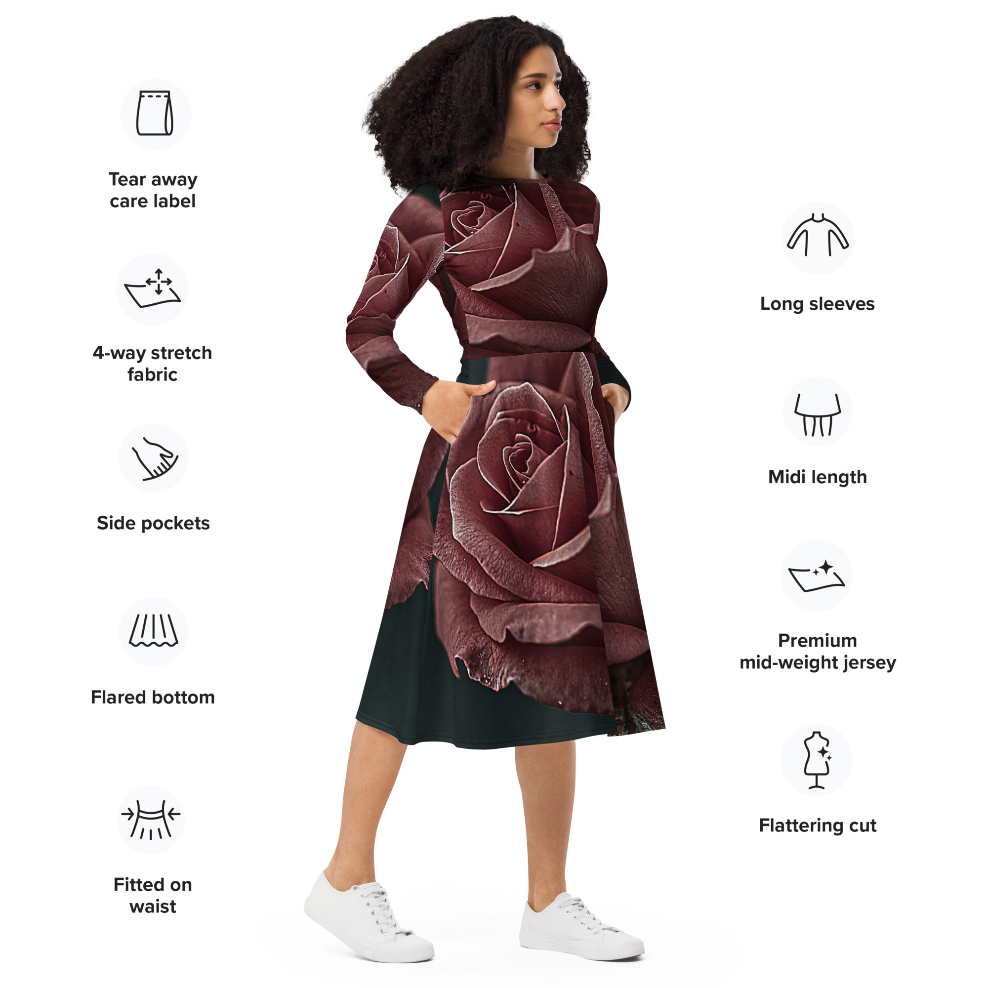 All-over print long sleeve midi dress